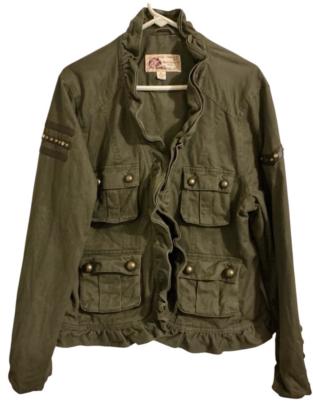 Big Chill Vintage XL Olive Green Ruffle Military Cargo Jacket Romantic Goth